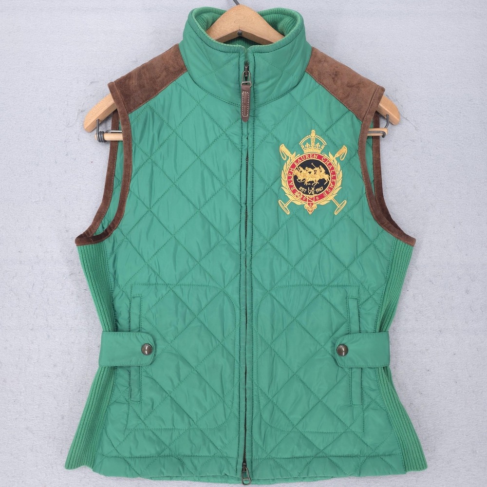 Vintage Ralph Lauren Sport Vest Women Medium Green Quilted Suede Trim Equestrian